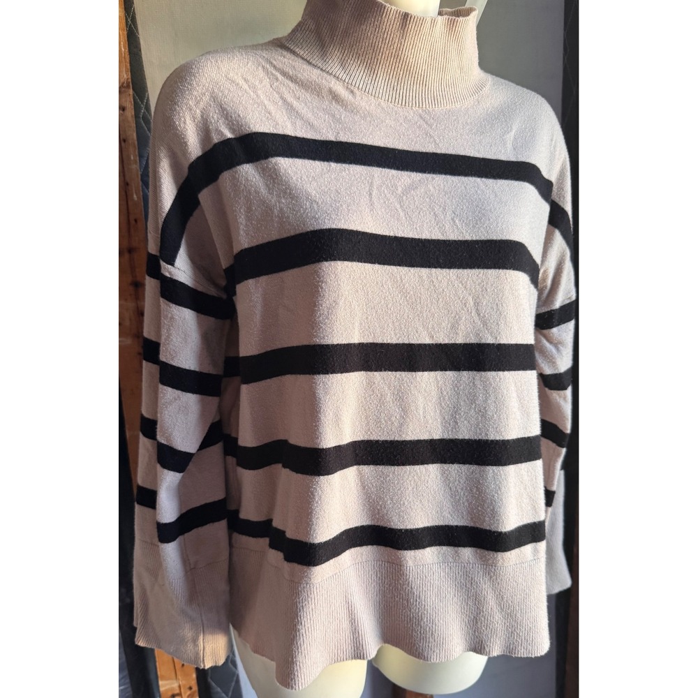 Aaeda Womens Beige Black Striped Mock Neck Sweater Size L Drop Shoulder Knit